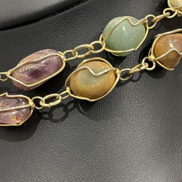 Vintage Artisan Wire Wrapped Semi Precious Stone Cage Necklace Handmade - Picture 6 of 9